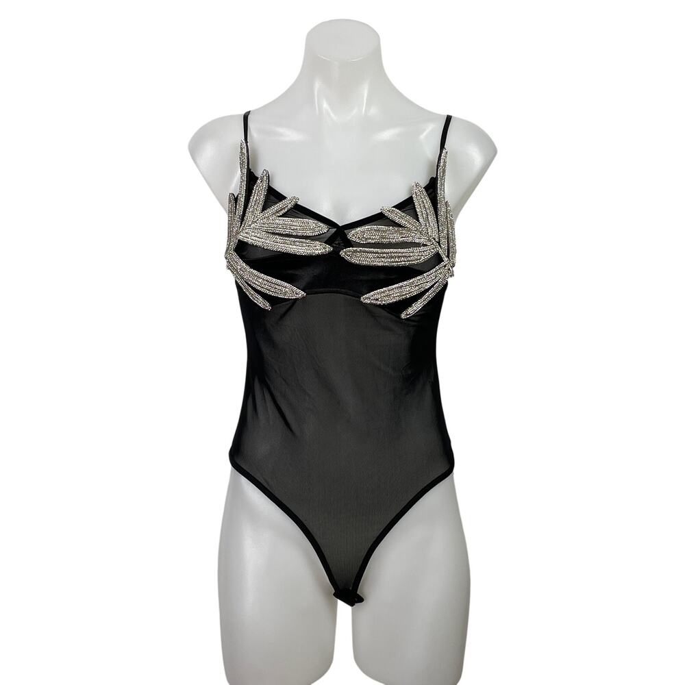 TU Black Silver Rhinestone Leaf Mesh Sheer Sleeveless Cami Bodysuit Top Size S